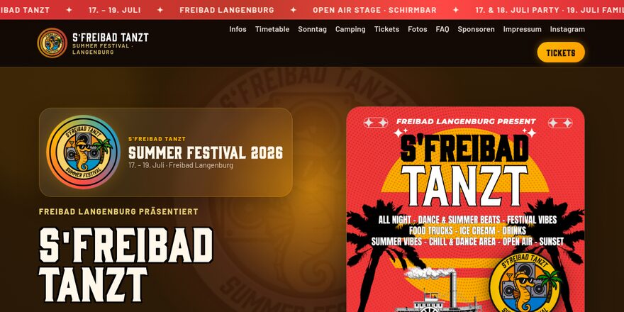Screenshot der Festival-Website S'Freibad Tanzt: Plakat-Look mit Logo und Programm