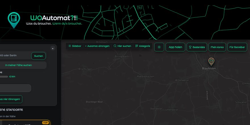 Screenshot der WoAutomat-Plattform: dunkle Karte mit Automaten-Pins rund um Blaufelden